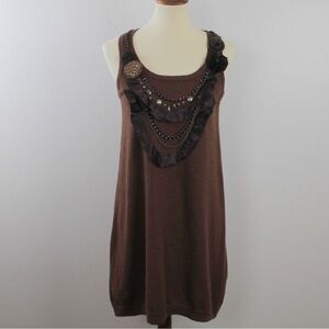 Silk Nanette Lepore merino wool Brown Embellished Tank Top dress sweater brass